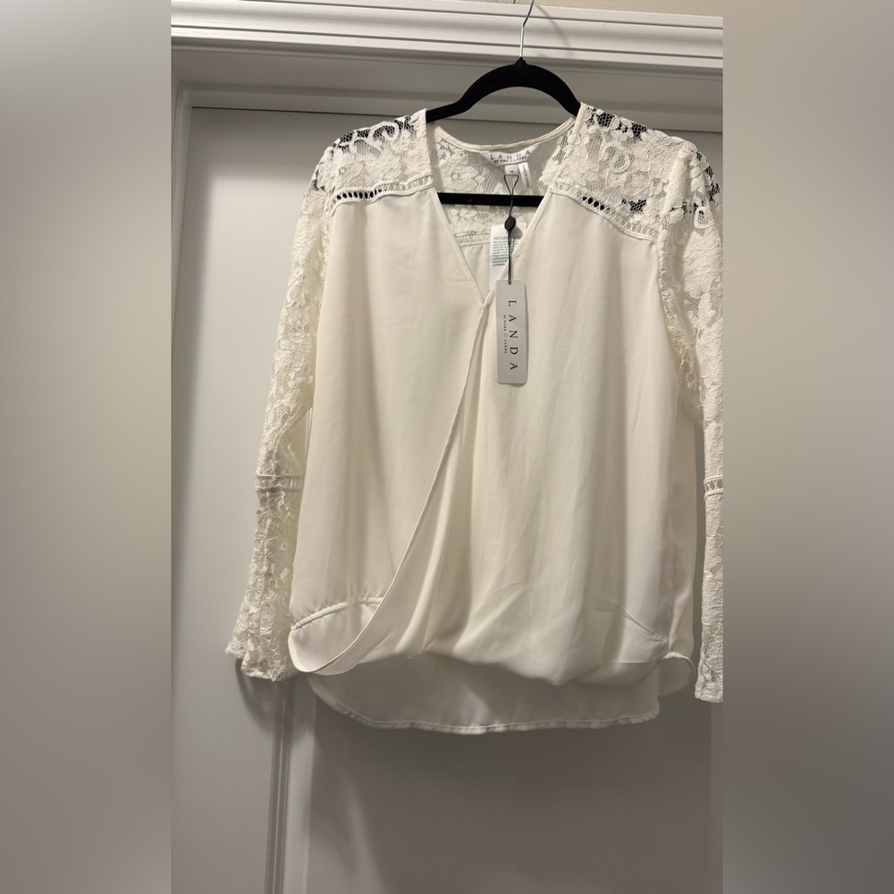 Landau White Asymmetrical Wrap Blouse Long Sleeve